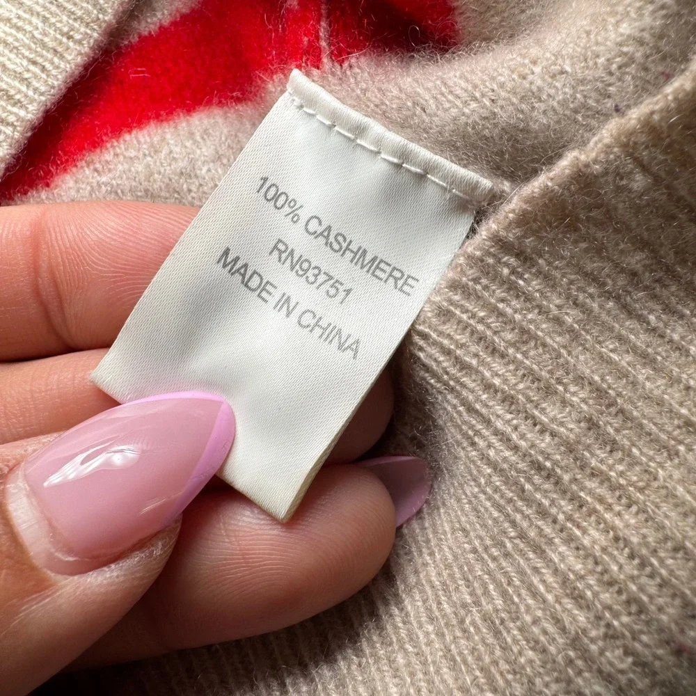 In Cashmere Women's Beige Red Striped 100% Cashmere Crew Neck Sweater Small EUC